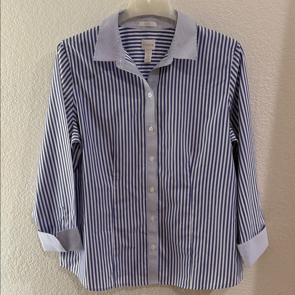 Chico's blue and White Striped Non-Iron  Button Down Shirt Size 2